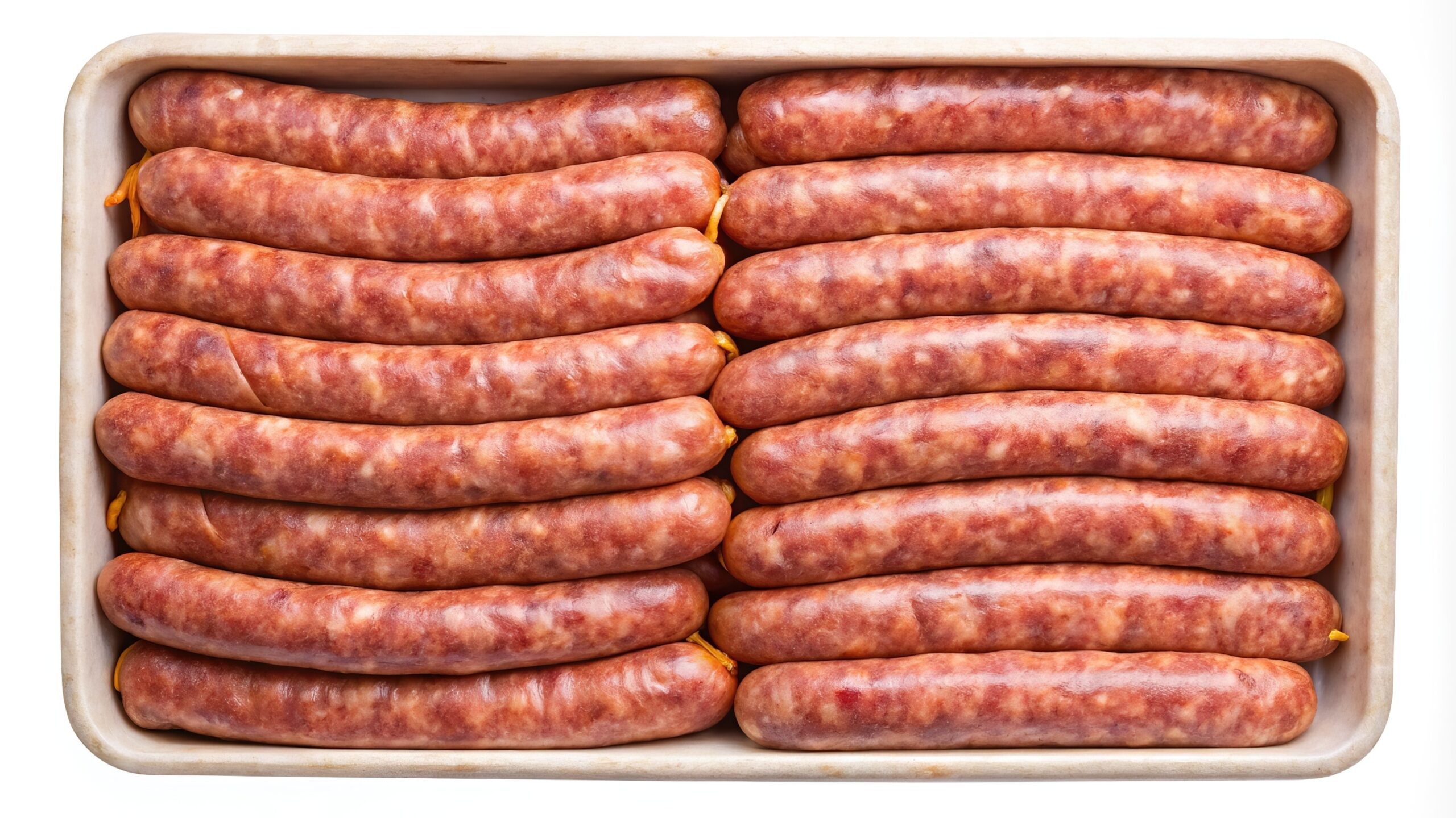 Uncooked brats packed in a tray, used to contrast visual changes in texture and color when learning how to tell if brats are done cooking.