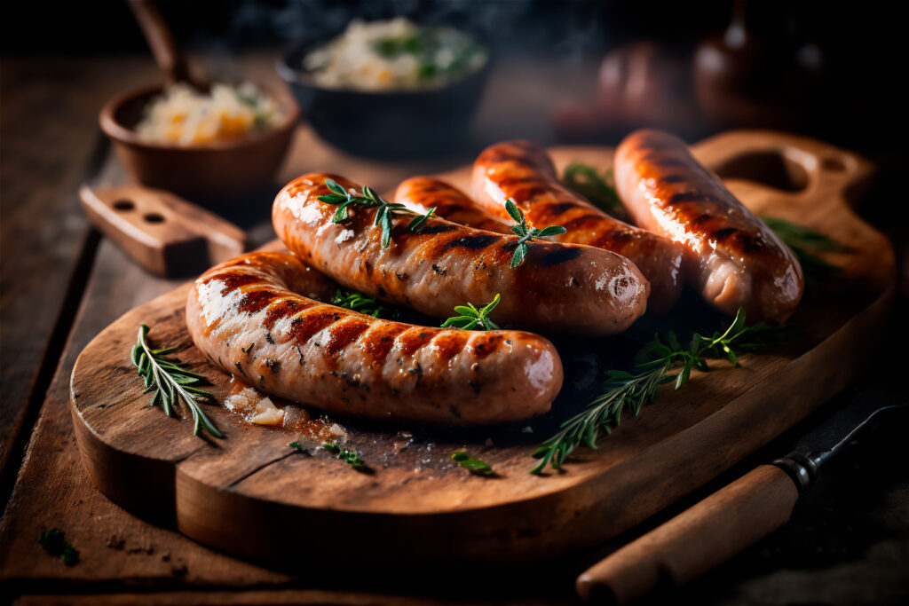 Perfectly grilled brats with seared grill marks and fresh herbs, showing what fully cooked brats should look like when determining how to tell if brats are done.