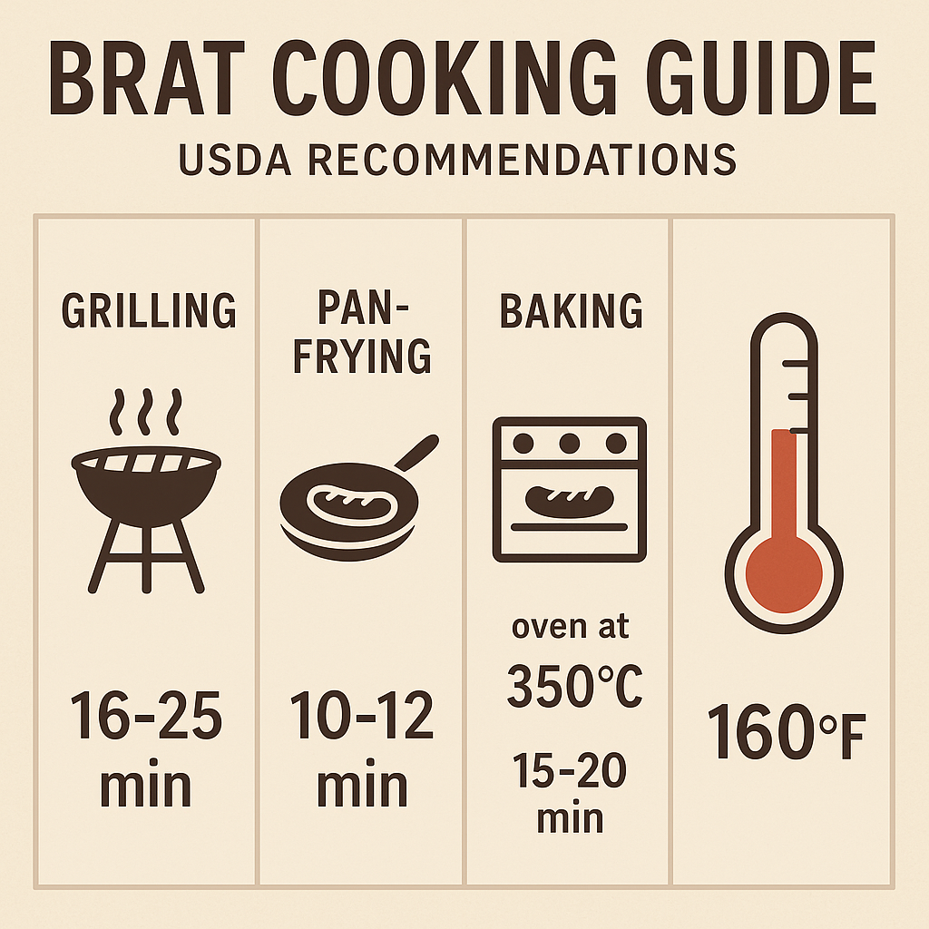 Infographic showing USDA-recommended cooking times for brats, including how long to bake brats in the oven at 350°F for 15–20 minutes until they reach 160°F.