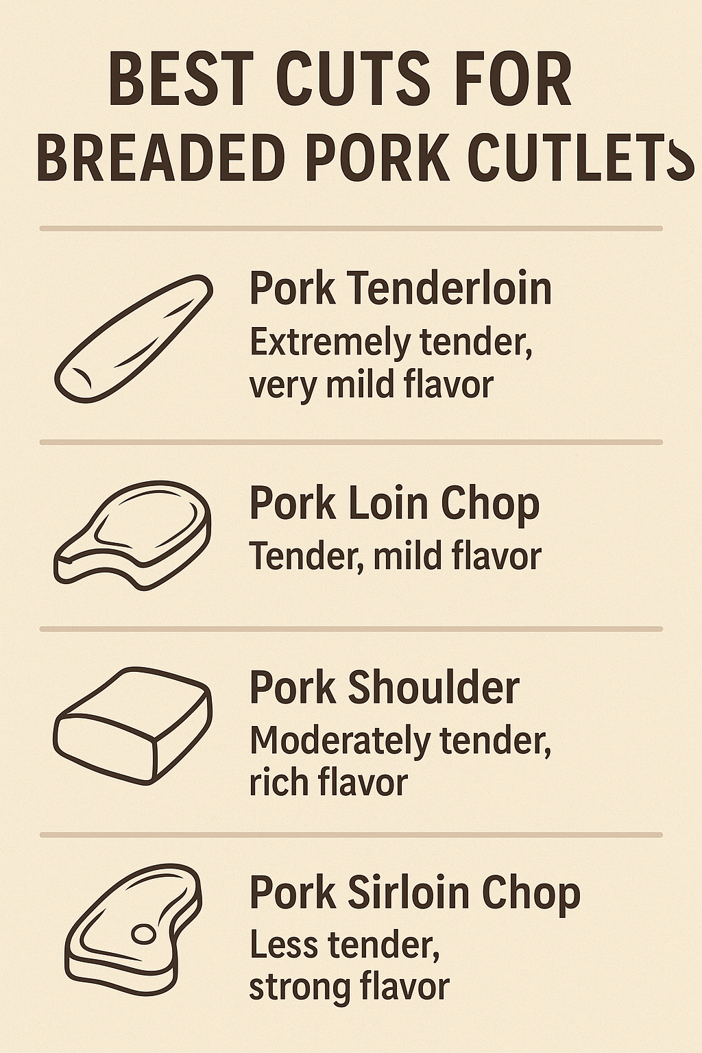 Infographic outlining the best pork for cutlets, including pork tenderloin, pork loin chop, pork shoulder, and pork sirloin chop based on tenderness and flavor.