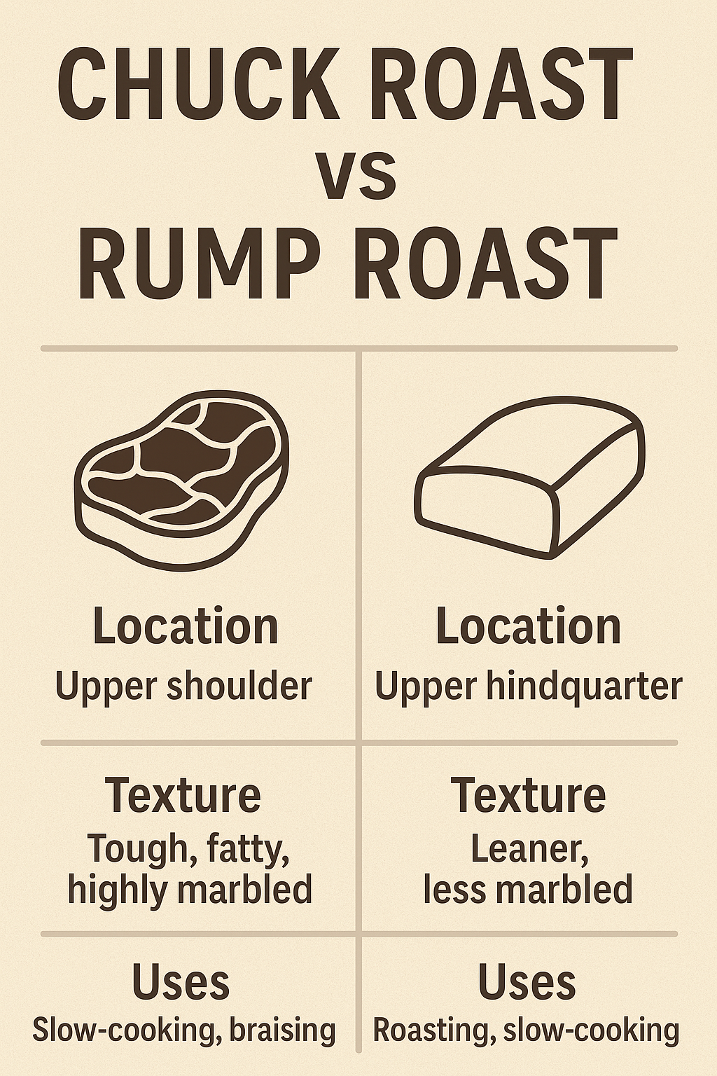 Informative chart comparing chuck roast vs rump roast based on cut location, texture, and best cooking methods like slow-cooking and roasting.